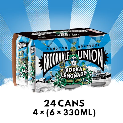 Brookvale Union Vodka Lemonade, Refreshing Pre-Mixed Drink, 4% ABV, 330mL (Case of 24 Cans)