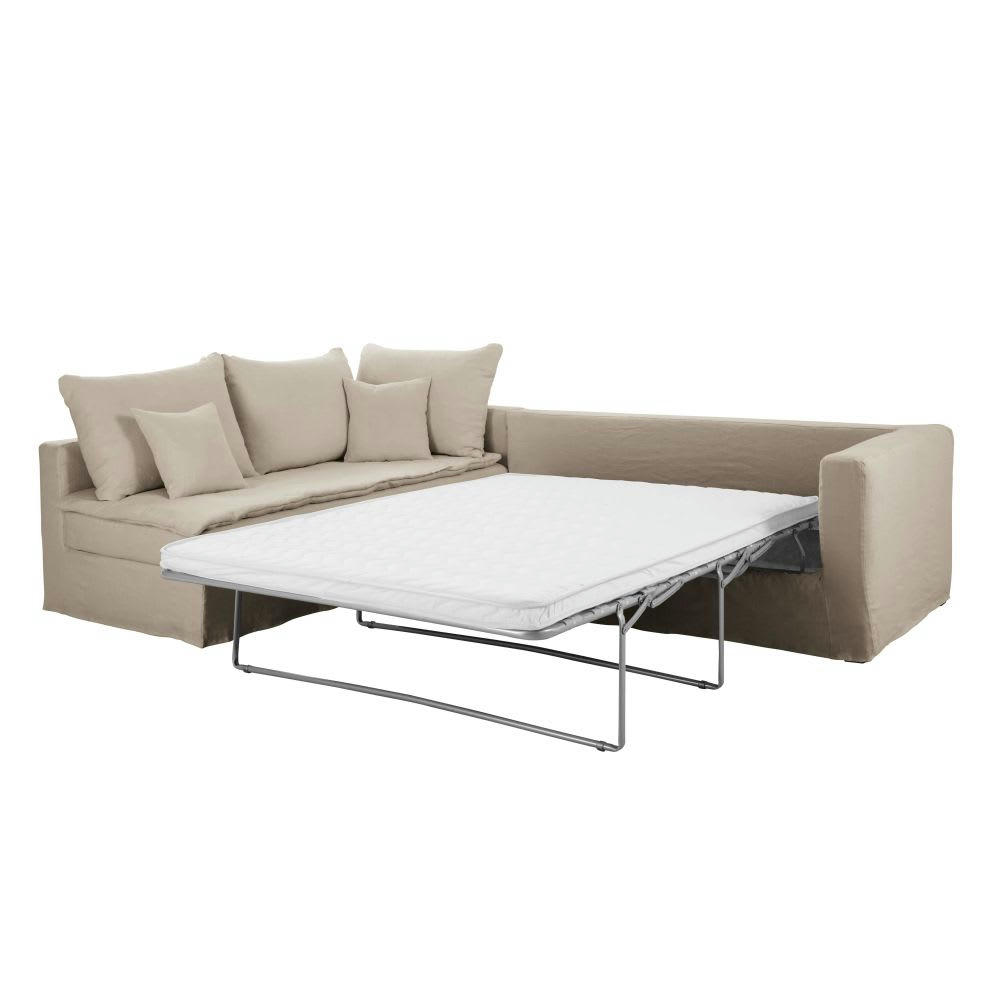 Celestin - Canapé d'angle gauche convertible 5/6 places en lin supérieur beige, matelas 6 cm