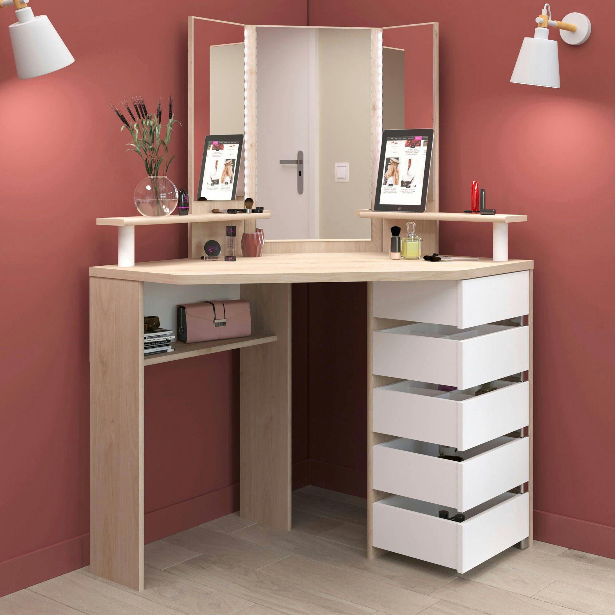 PHENICIA - Coiffeuse avec tiroirs et miroir effet bois clair