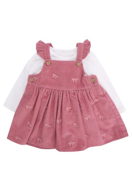Baby Girls Pink Bow Cord Dress & White Top Set