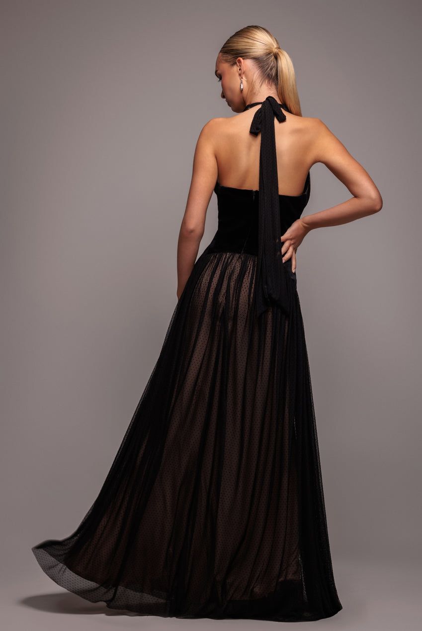 Goddiva Velvet And Dobby Mesh A Line Halter Maxi Dress