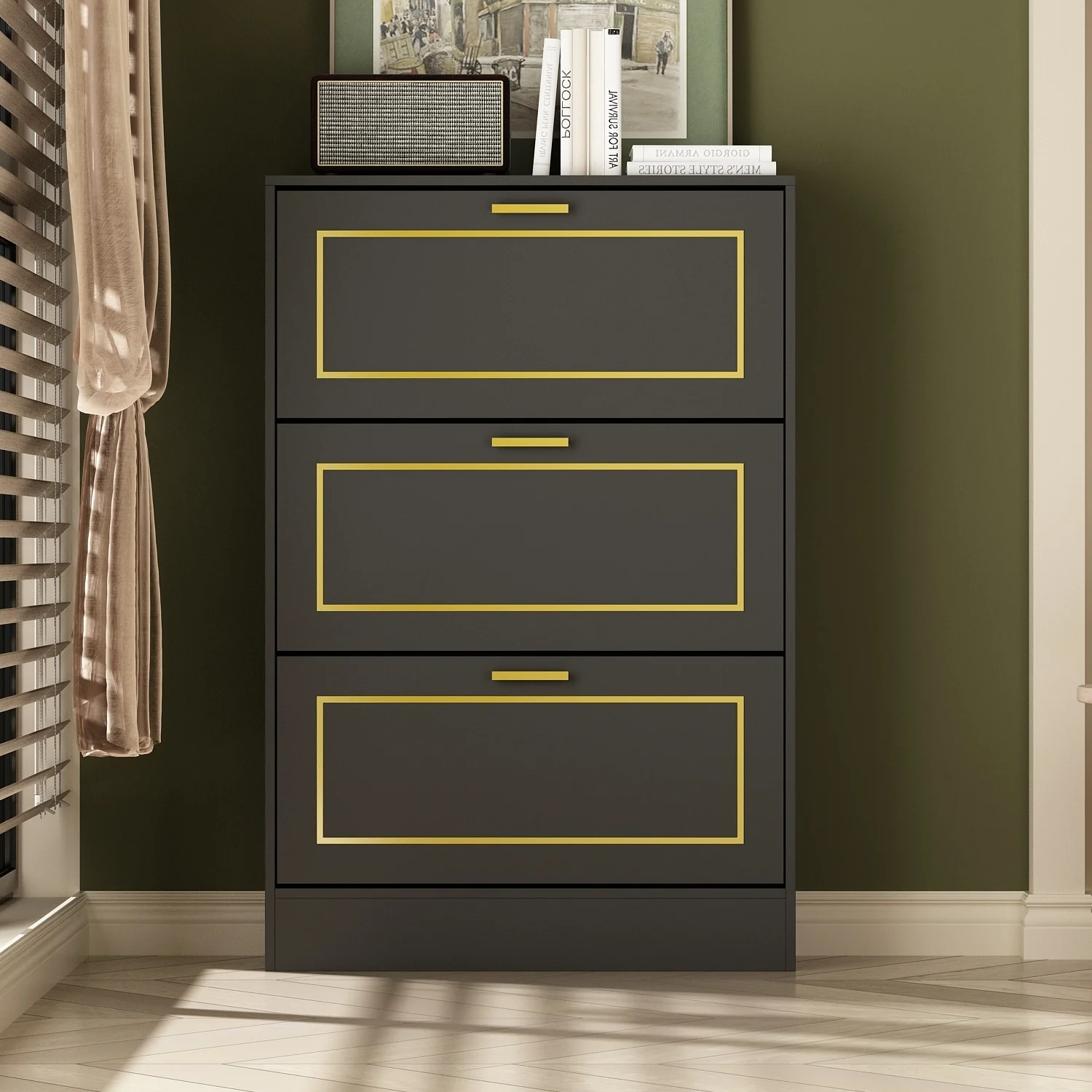 Fold-Out Shoes Cabinet Storage Cabinet Dresser Chest(Black/White)