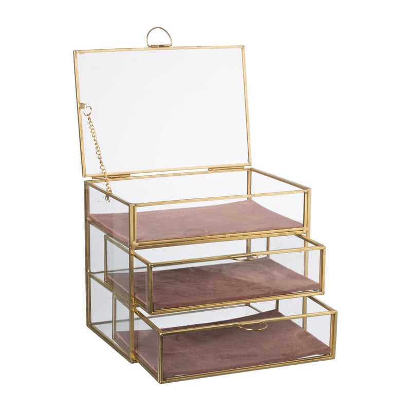 Sieradendoos met 3 lades - goud/roze - 18x12x15 cm