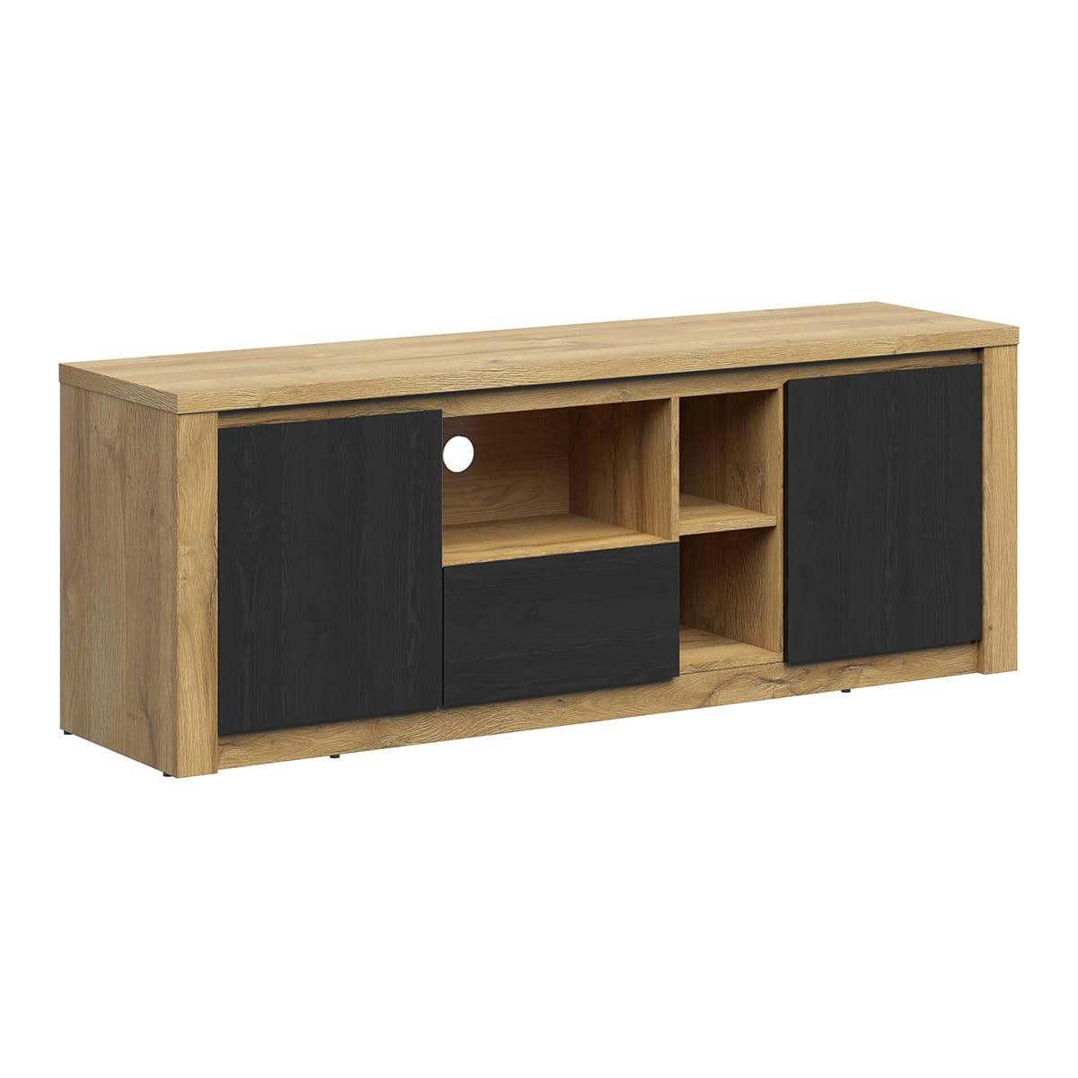 - Meuble tv 2 portes 1 tiroir 160 cm naturel et noir