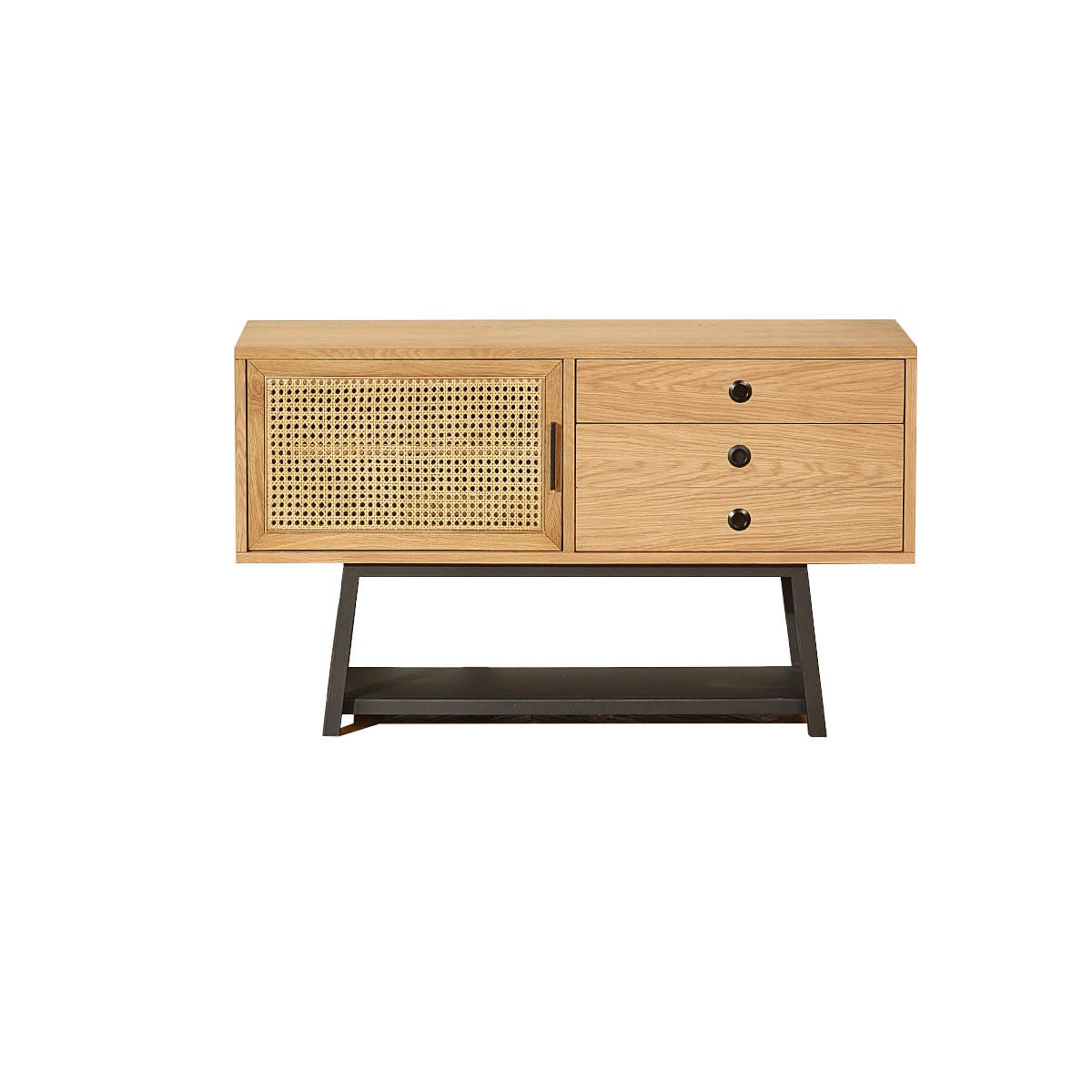 LALALA - Petit buffet enfilade en chêne cannage et métal noir mat L 120 cm