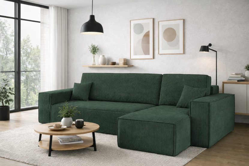 Sofa w kształcie L BEST narożnik, tkanina Poso, Ciemnozielony Prawostronny