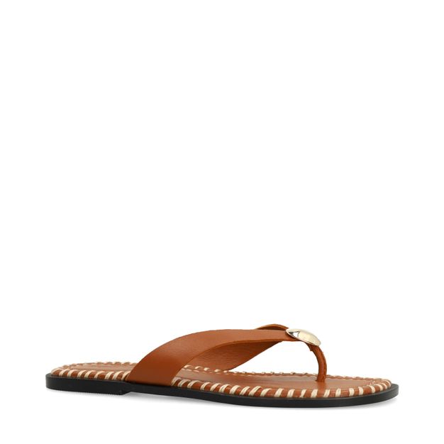 Cognac leren slippers met goudkleurig detail