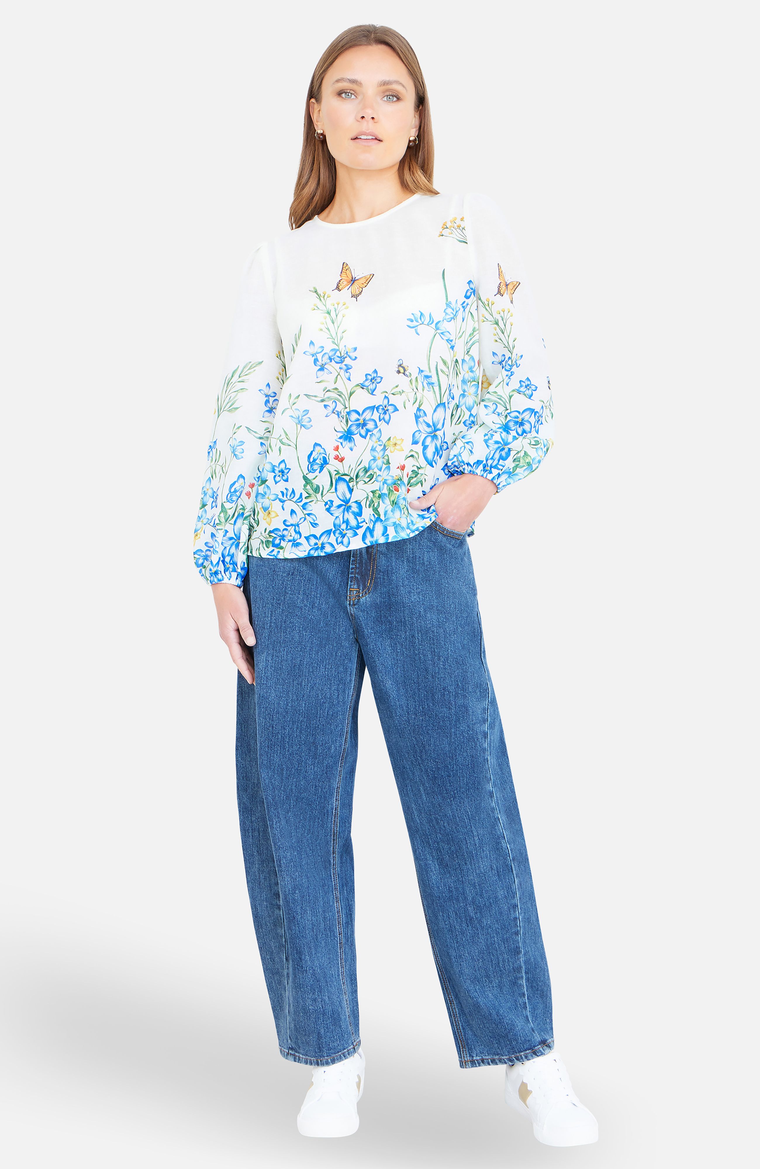 Yumi Ivory Butterfly Print Long Sleeve Top