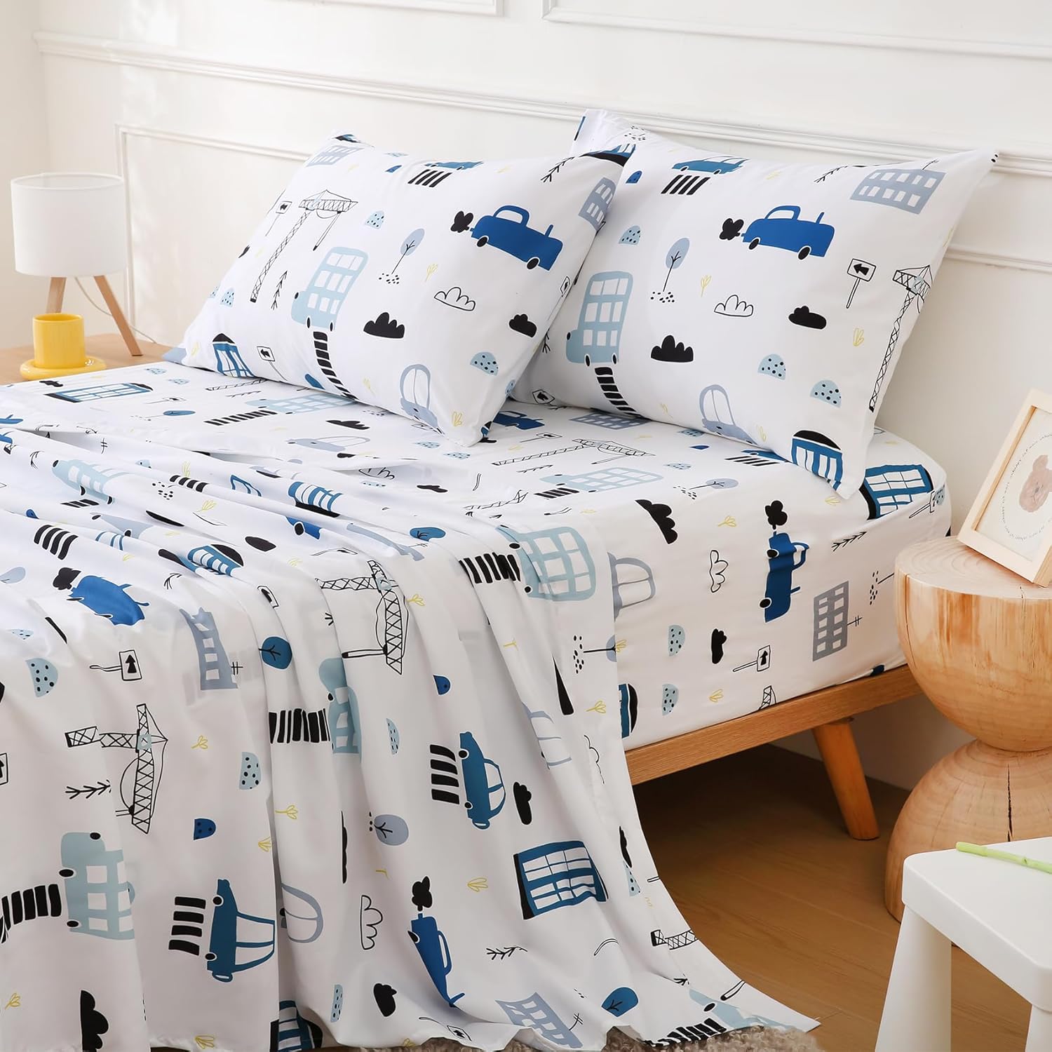 Twin Bed Sheets Boys Kids Construction Car Sheet Set 15-Inch Deep Pocket Fitted Sheet Soft Microfiber 3 Pieces Bedding Sets with Pillowcase Fade Resistant Children Room Decor