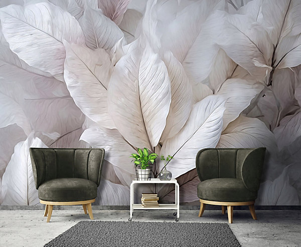 Papier Peint Feuilles Abstrait 3D Gris Intissé Panoramique Pour Chambre Cuisine 350x250 cm