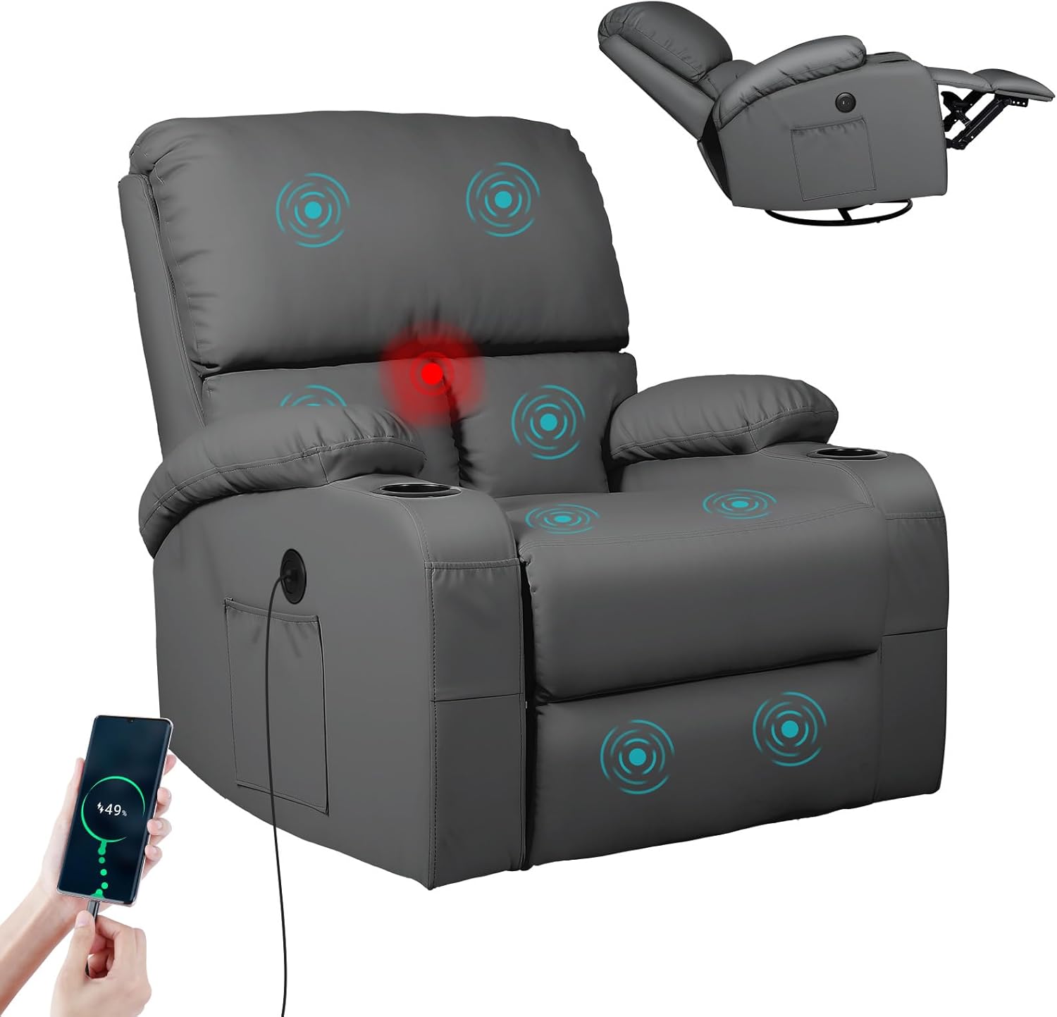 LEVELEVE Rocking Recliner Chair, Massage Rocker Recliner Chair with Vibration Massage and Heat, USB and Type-C Ports,360° Swivel Faux Leather Chairs, Living Room, Bedroom, Nursery, RV, Dark Grey