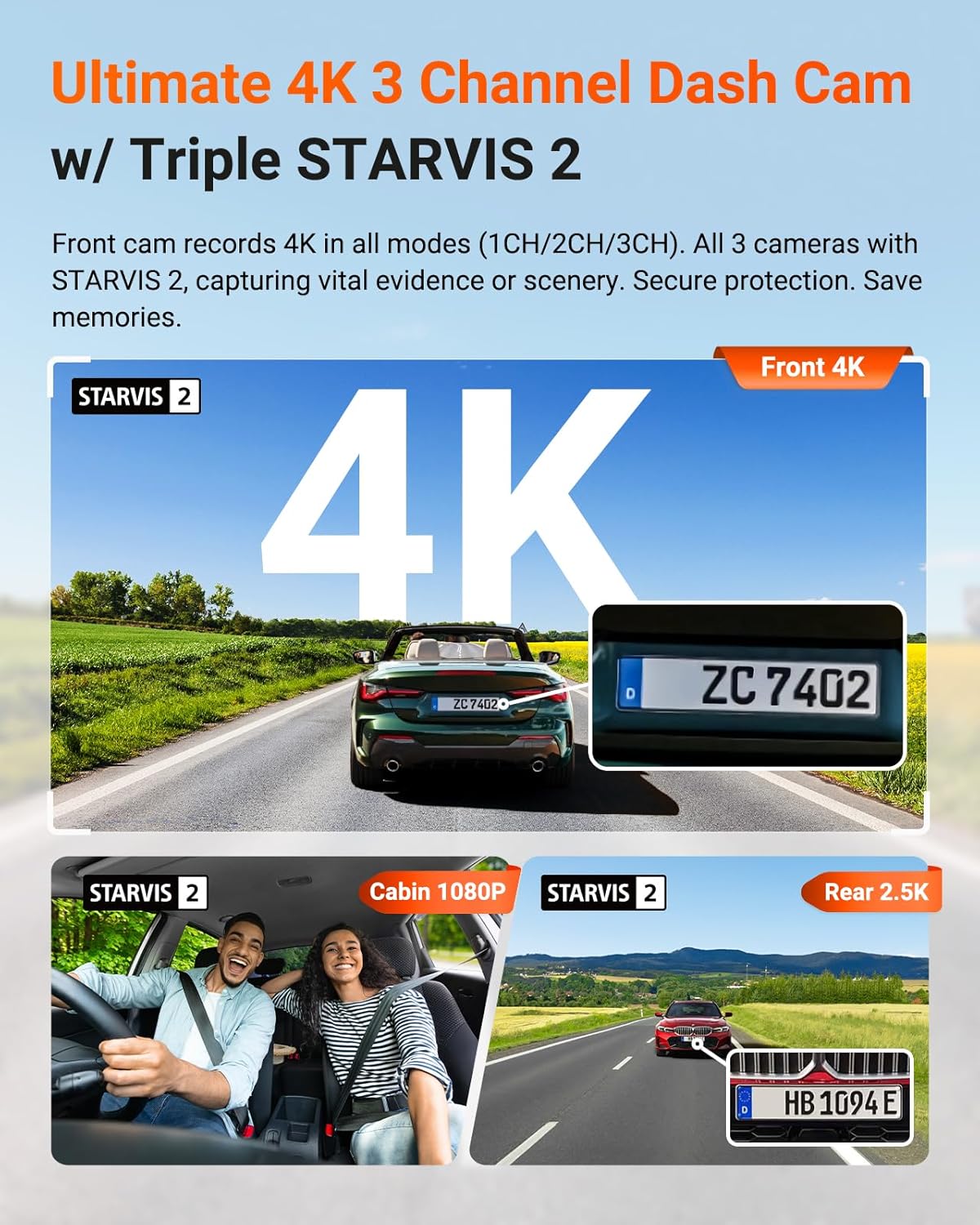 Vantrue N4 Pro S 4K 3 Channel Dash Cam w/Triple STARVIS 2  4K+1080P+2.5K Front Inside Rear Dash Camera  4+2.5K Dual Channel  HDR IR Night Vision  Voice Control  Parking Mode  GPS  Wi-Fi  Support 1TB