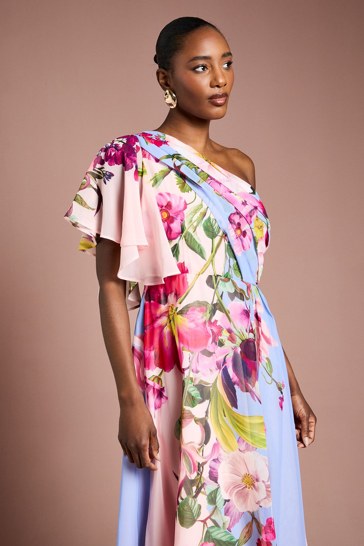 Coast One Shoulder Floral Printed Chiffon Dress