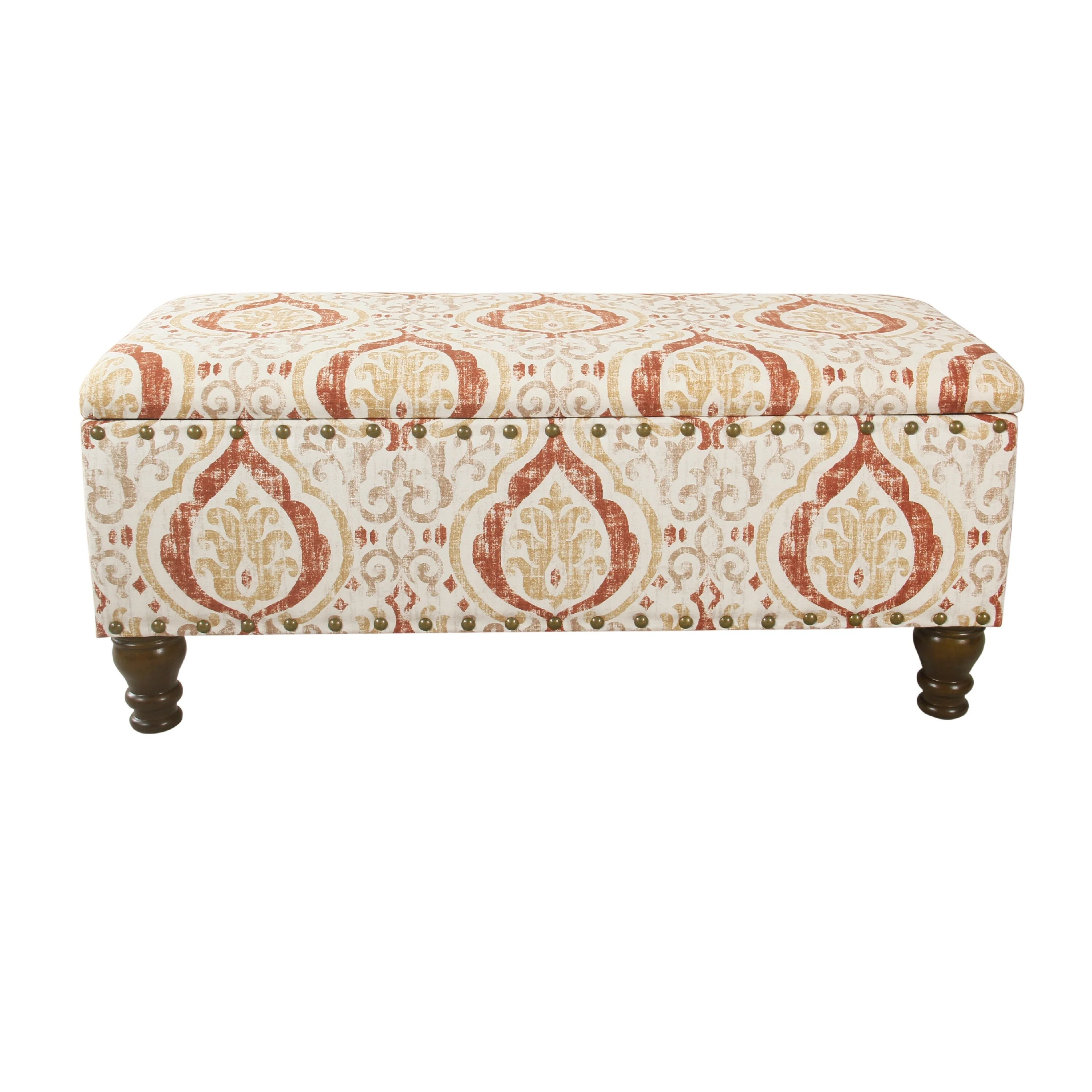 Ava Storage Accent Bench, 42 Inch Orange and Cream Medallion Design