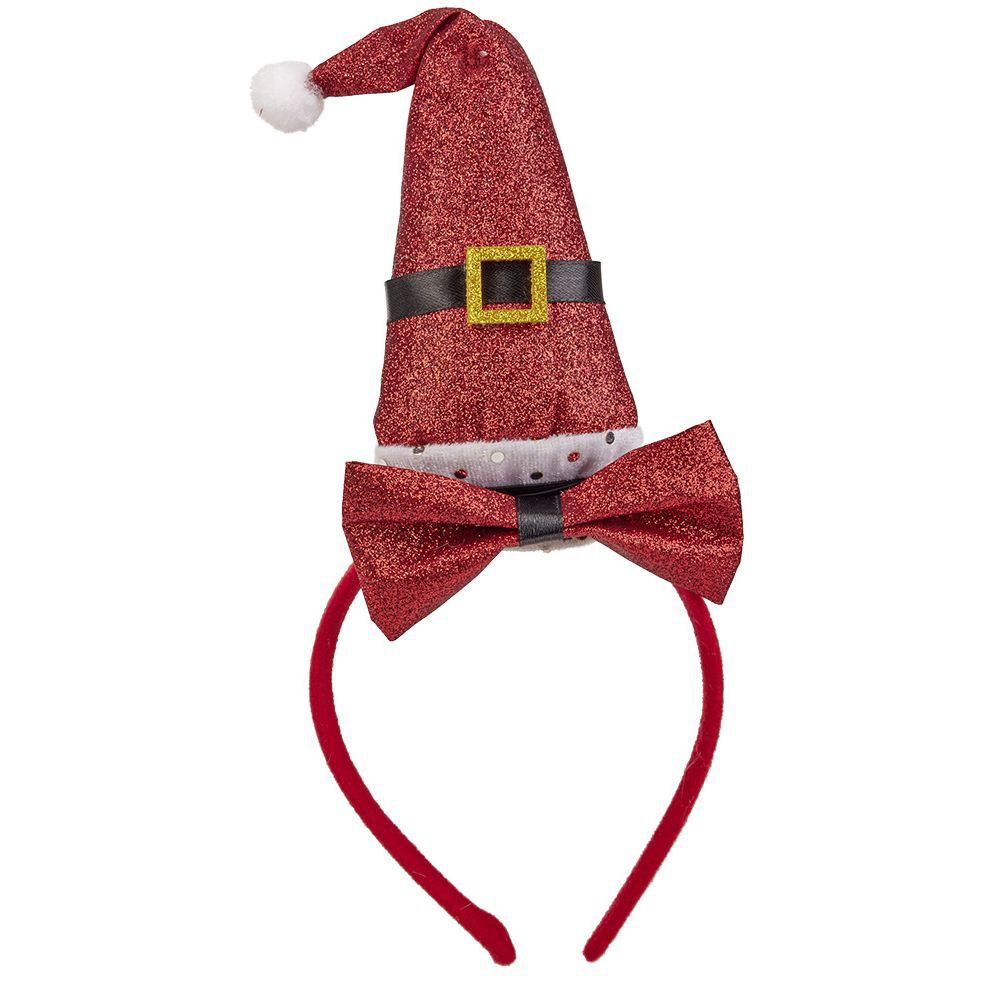 Serre tête avec noeud et chapeau Père No&euml;l rouge pailleté