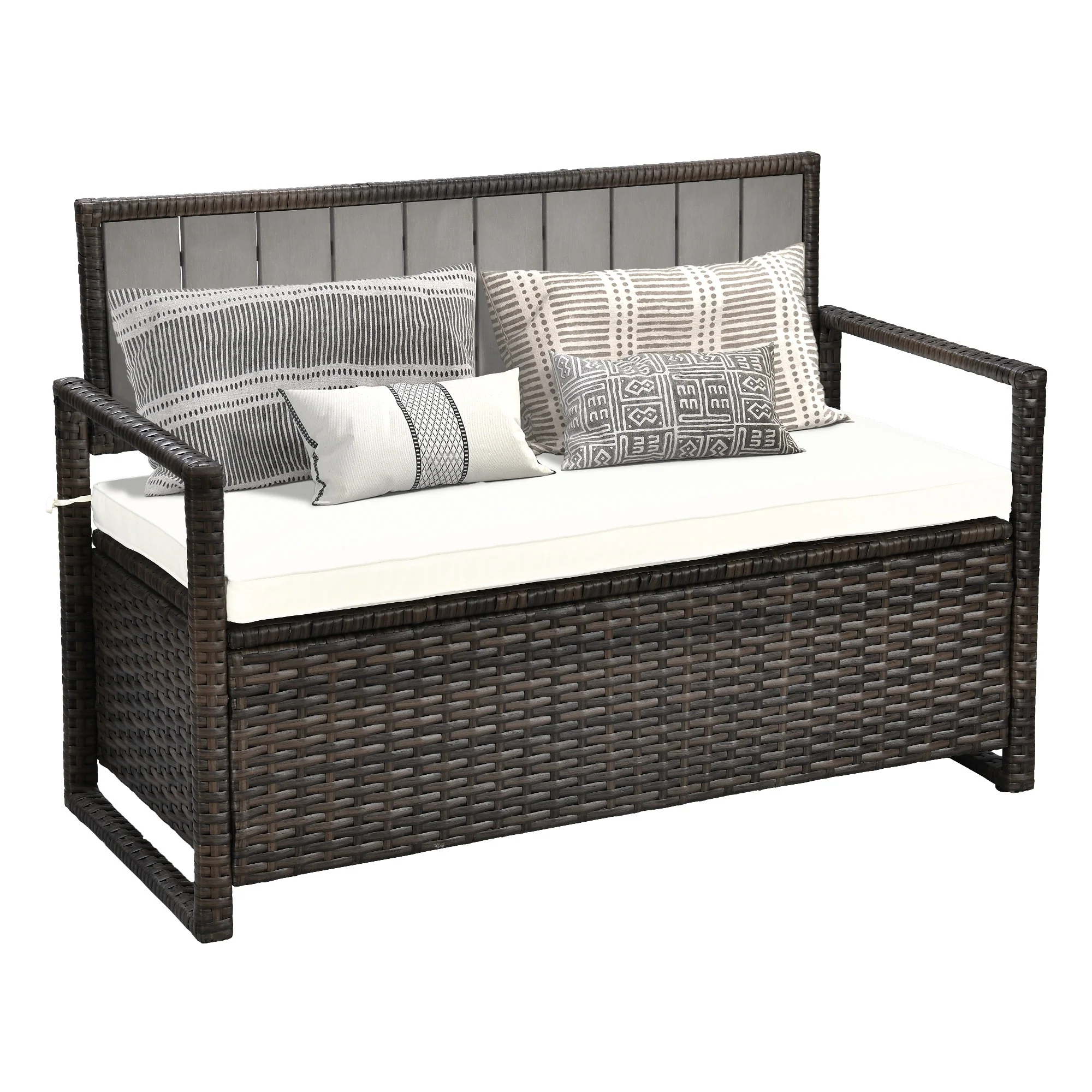 Moasis 70 Gallon Outdoor Storage Bench Weather-Resistant Woven Rattan Deck Box with Loveseat and Cushions