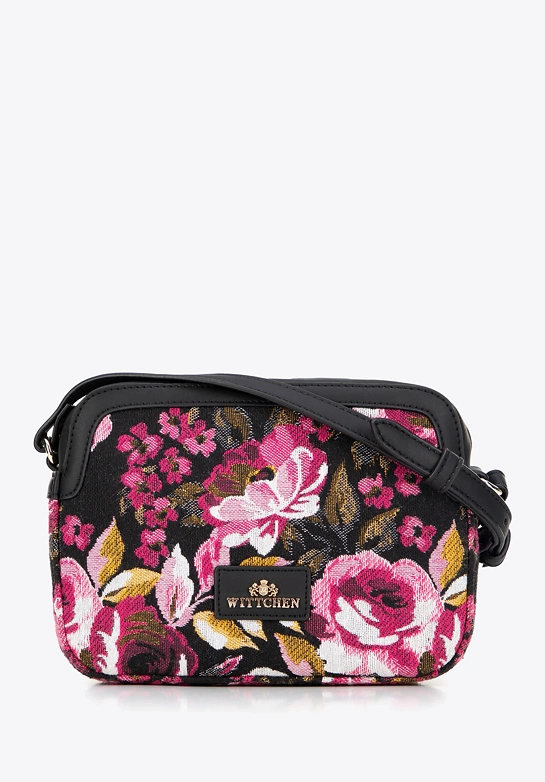 Damska crossbody z żakardu i ekoskóry czarno - różowa