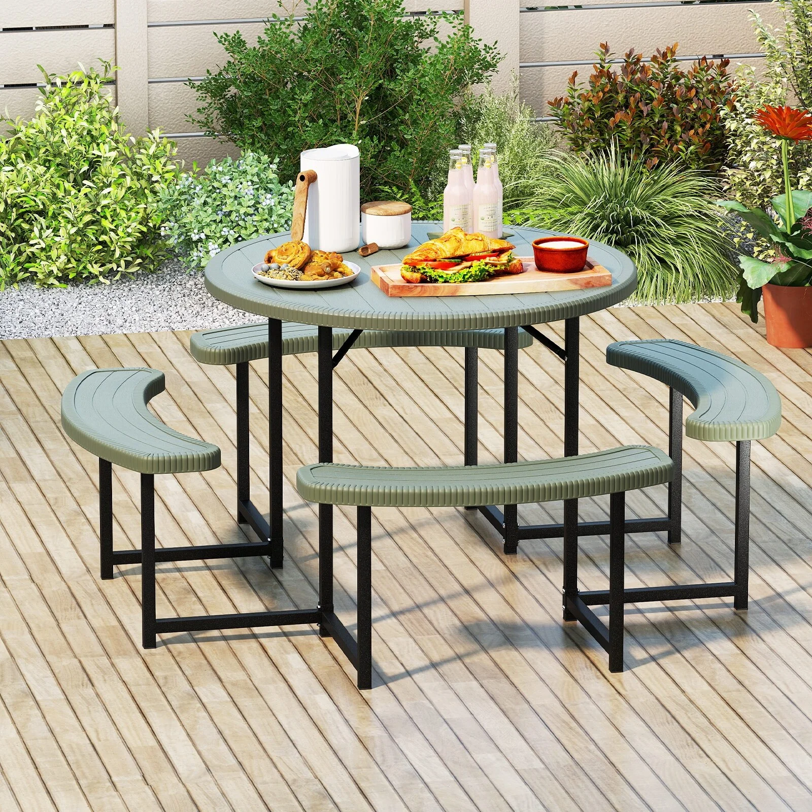 HDPE Round Picnic Table Set with 4 Benches and Umbrella Hole Perfect for Patio or Balcony