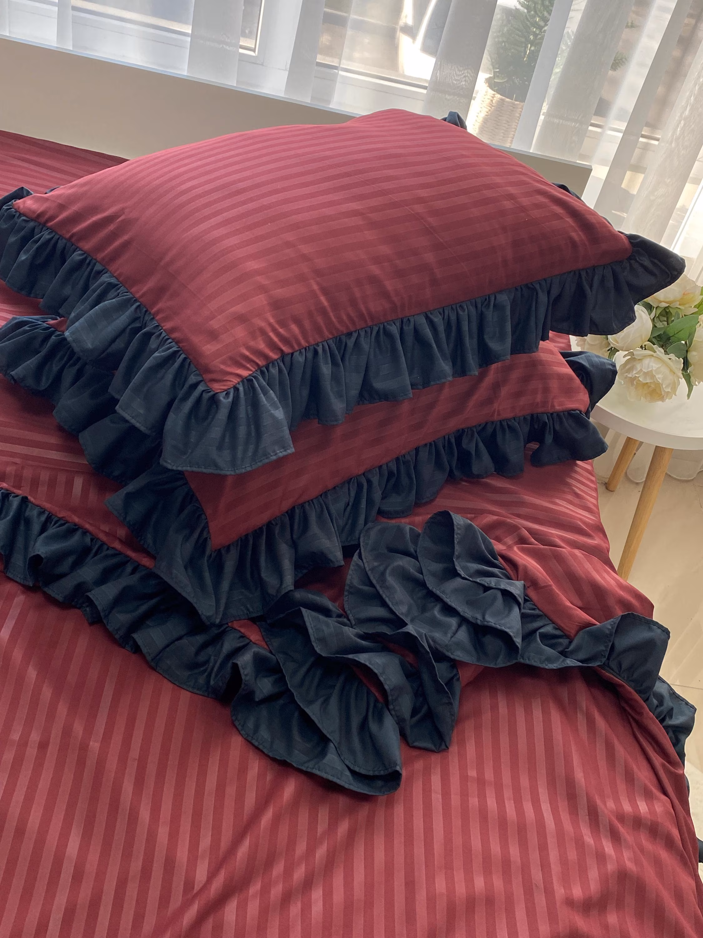 Burgundy Striped Bedding with Black Ruffle, Dark Romantic Duvet Cover, Aesthetic Cotton Bed Sheet