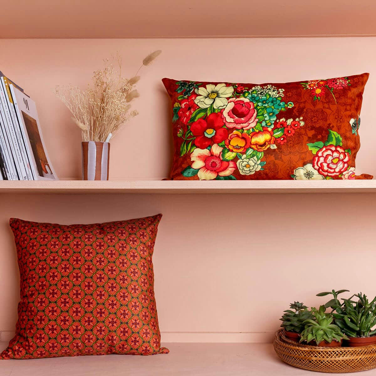 - Housse de coussin velours imprimé fleuri canelle 40x60 cm