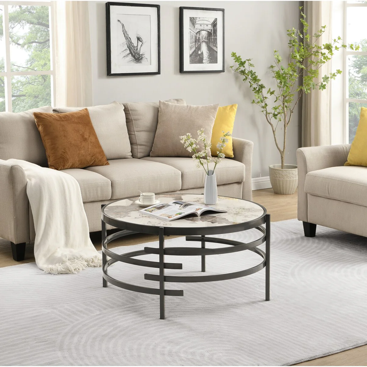 32.48 Round Coffee Table With Sintered Stone Top & Sturdy Metal Frame, Modern Coffee Table for Living Room