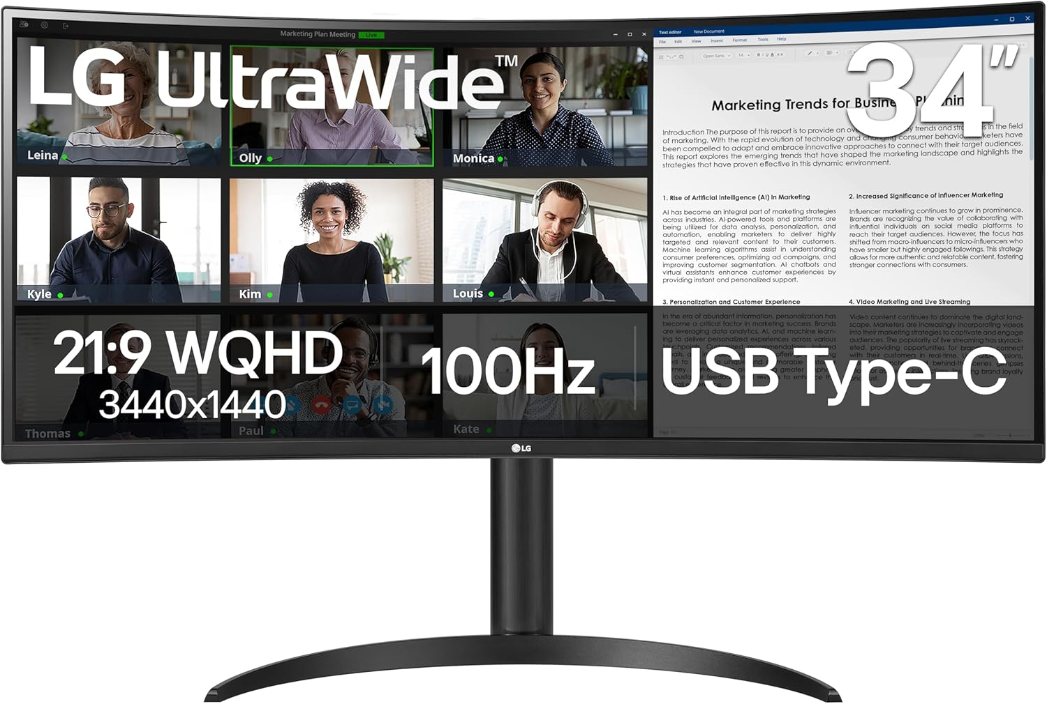 LG 34WR55QK-B 34-inch UltraWide WQHD (3440 x 1440) Curved Computer Monitor  100Hz  5ms  HDR10  Reader Mode  HDMI  DisplayPort  USB Type-C  Tilt/Height Adjustable Stand  Black