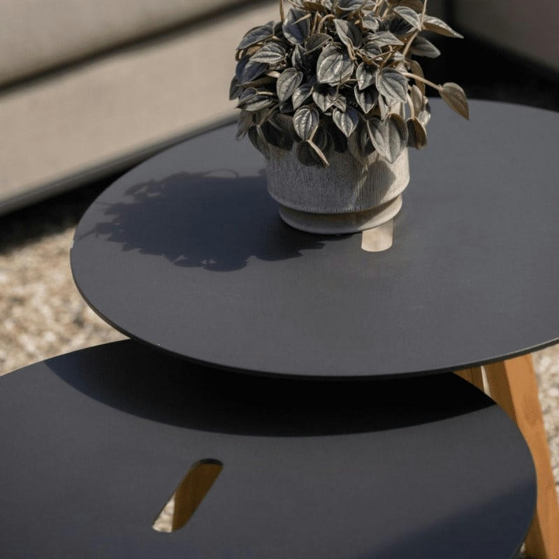 LAURA - Tables gigognes d'extérieur aluminium et teck diamètre 50 cm