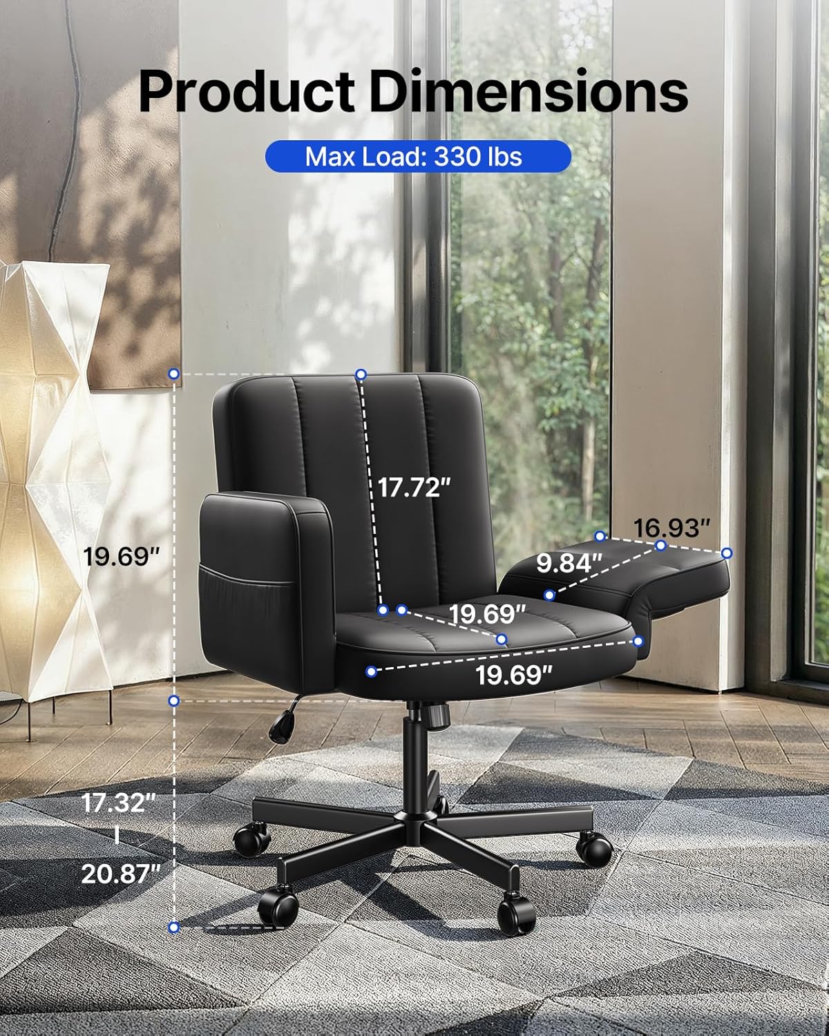 HUANUO Criss Cross Chair with 6-Point Adjustable Armrests, Pet-Friendly Criss Cross Office Chair, Comfortable Cross Leg Chair with Wide Seat, Durable PU Leather, Side Storage Pocket, Easy Assembly