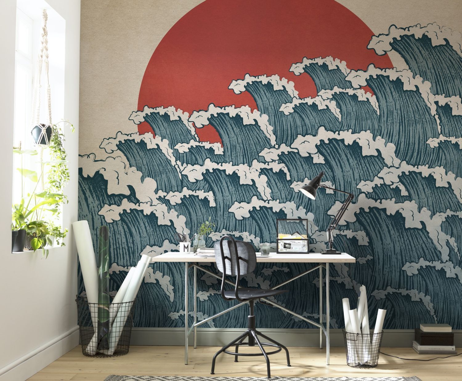 Sanders & Sanders fotobehang Japanse kunst blauw en rood - 300 x 280 cm - 612013