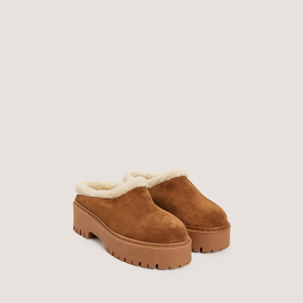 Mules à semelles crantéesen croute tabac et fluffy beige | RALF