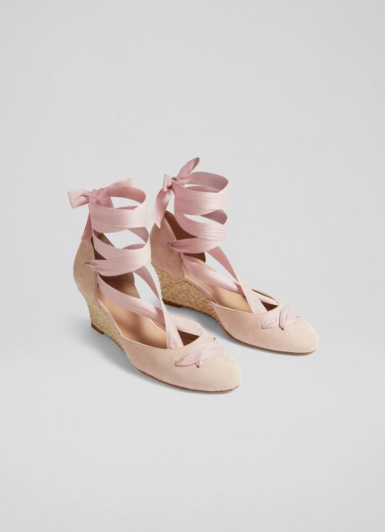 Lana Pink Suede Crossover Strap Espadrille Wedges