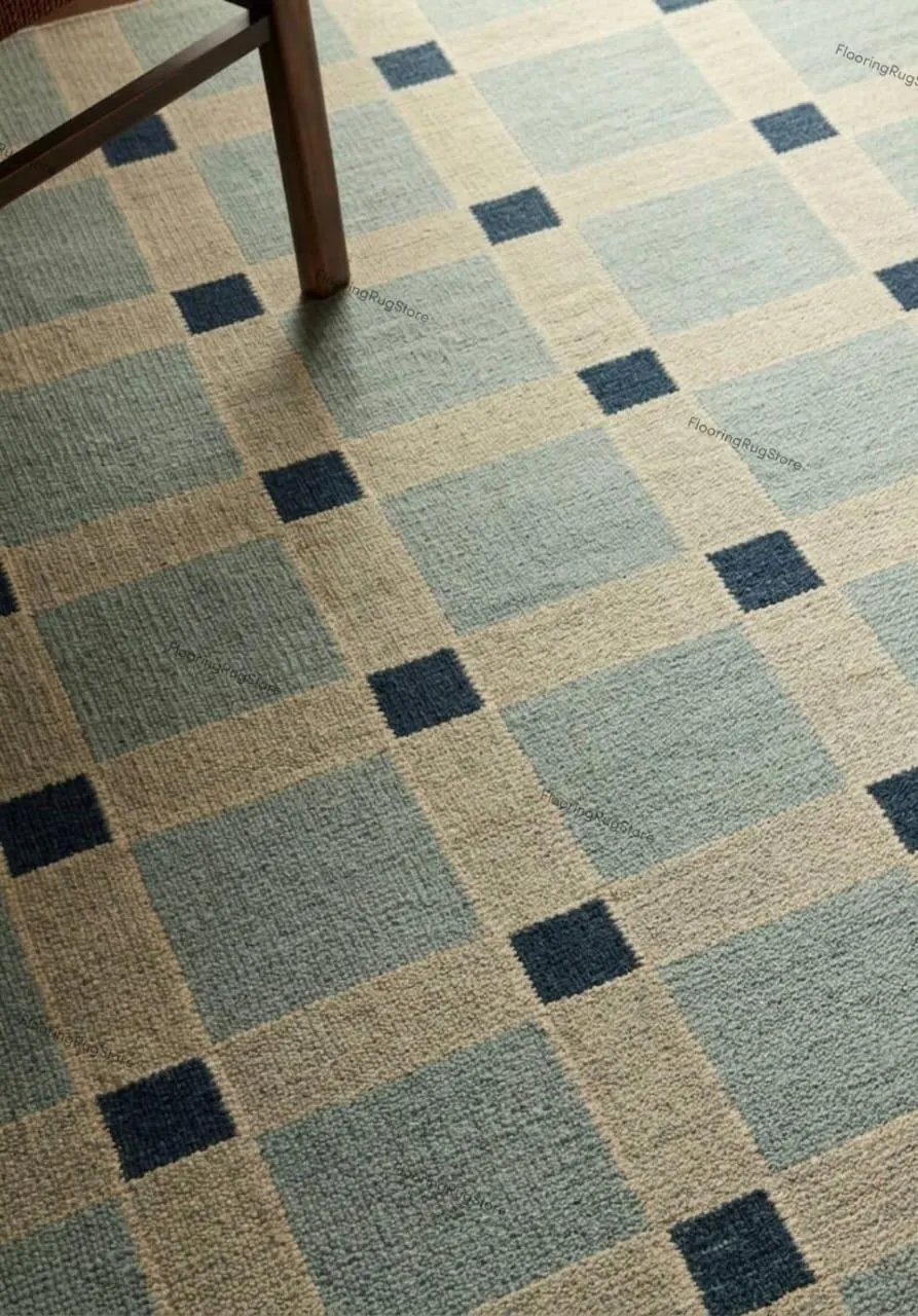Handwoven Sage Green and Beige Wool Flatweave Rug Geometric Scandinavian Modern Minimalist Area Rug
