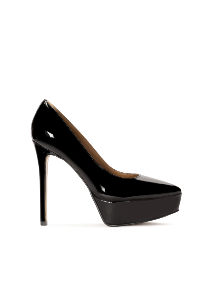 Black patent leather platform and stiletto pumps