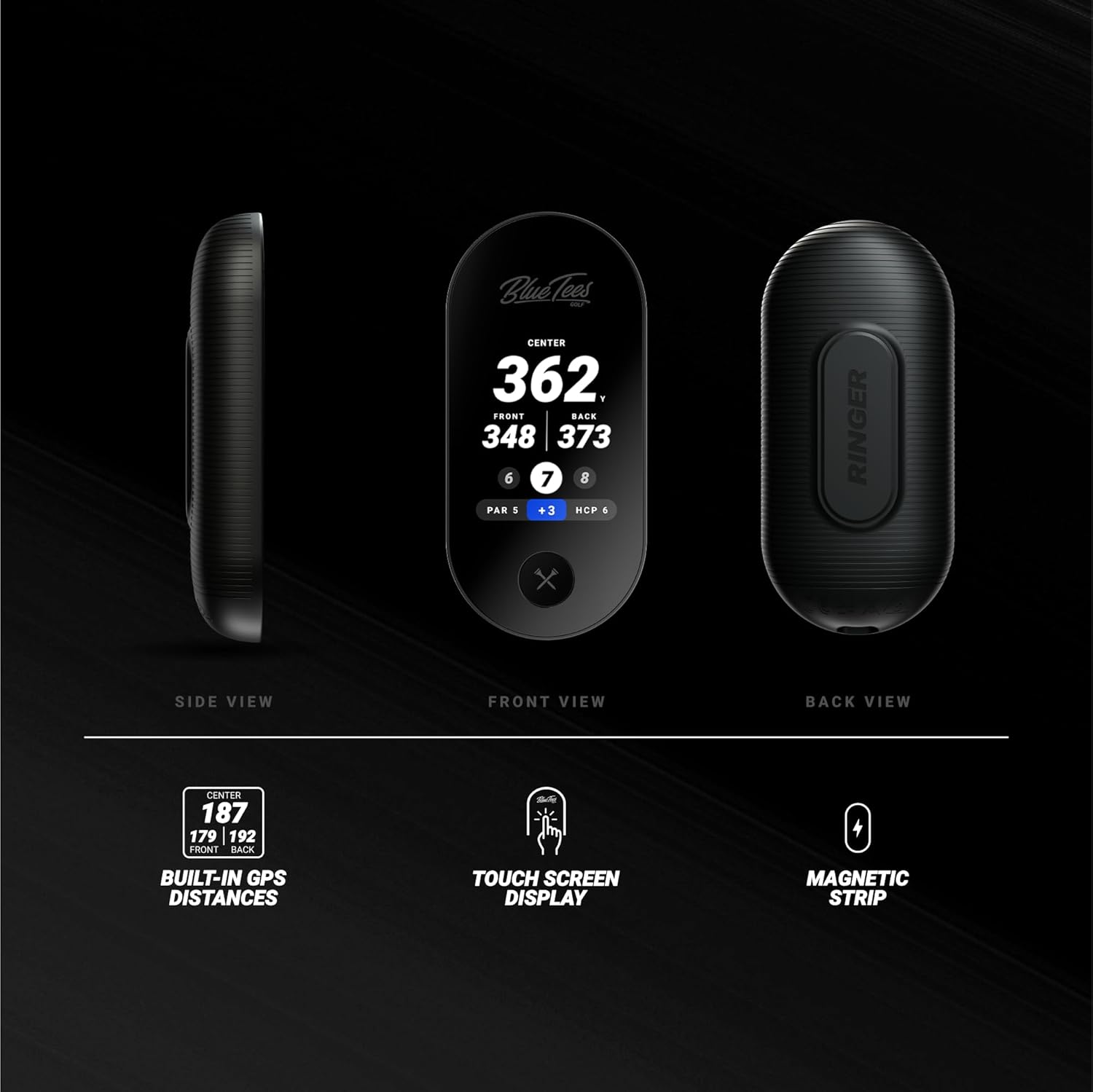 Blue Tees Golf Ringer - Magnetic Golf GPS Handheld  Touch Screen Display  Water Resistant Golf Distance Range Finder  40 000+ Preloaded Courses  10+ Hours Battery  Built-in Magnetic Strip