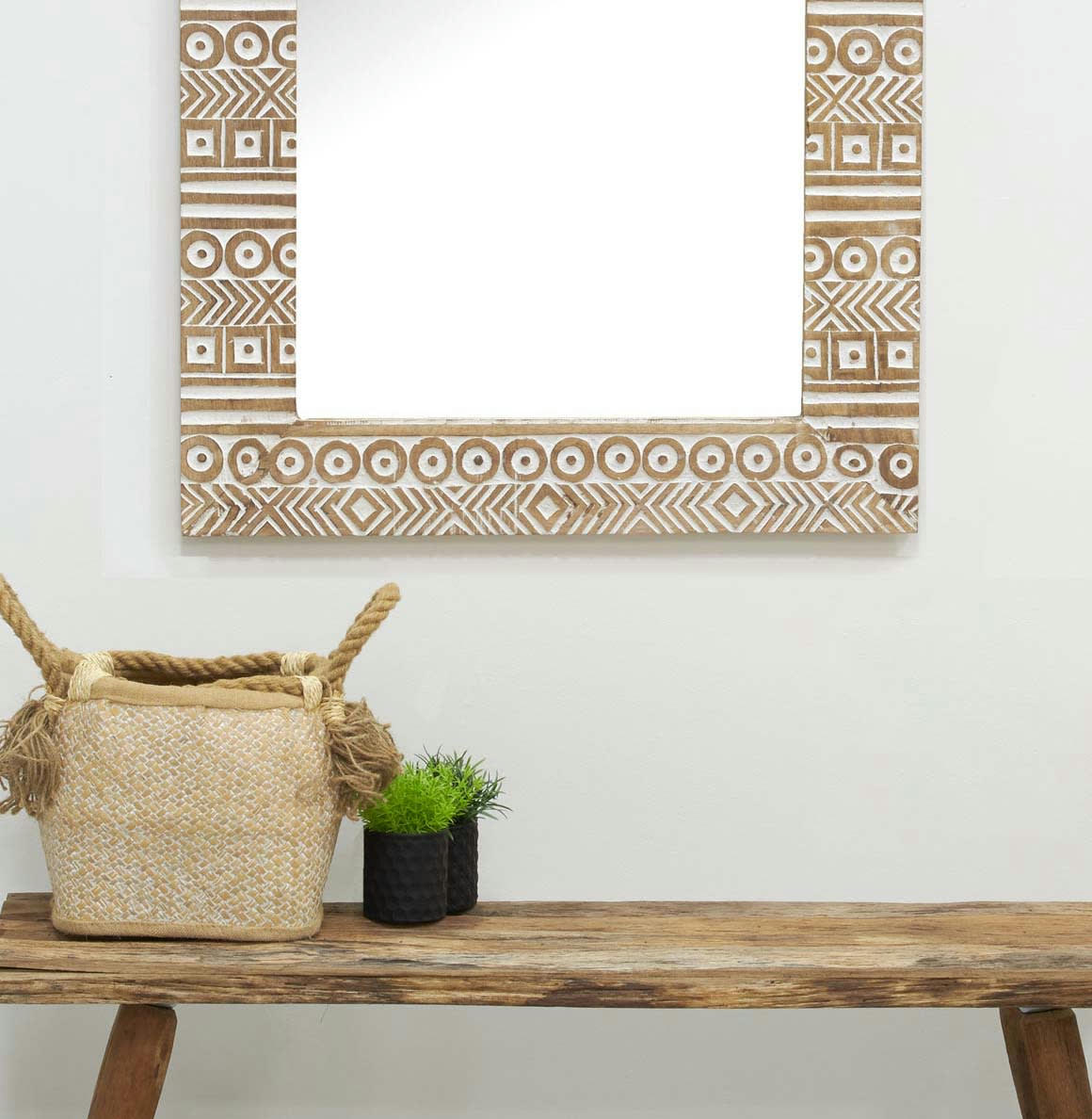 - Miroir aztèque en manguier sculpté et blanchi