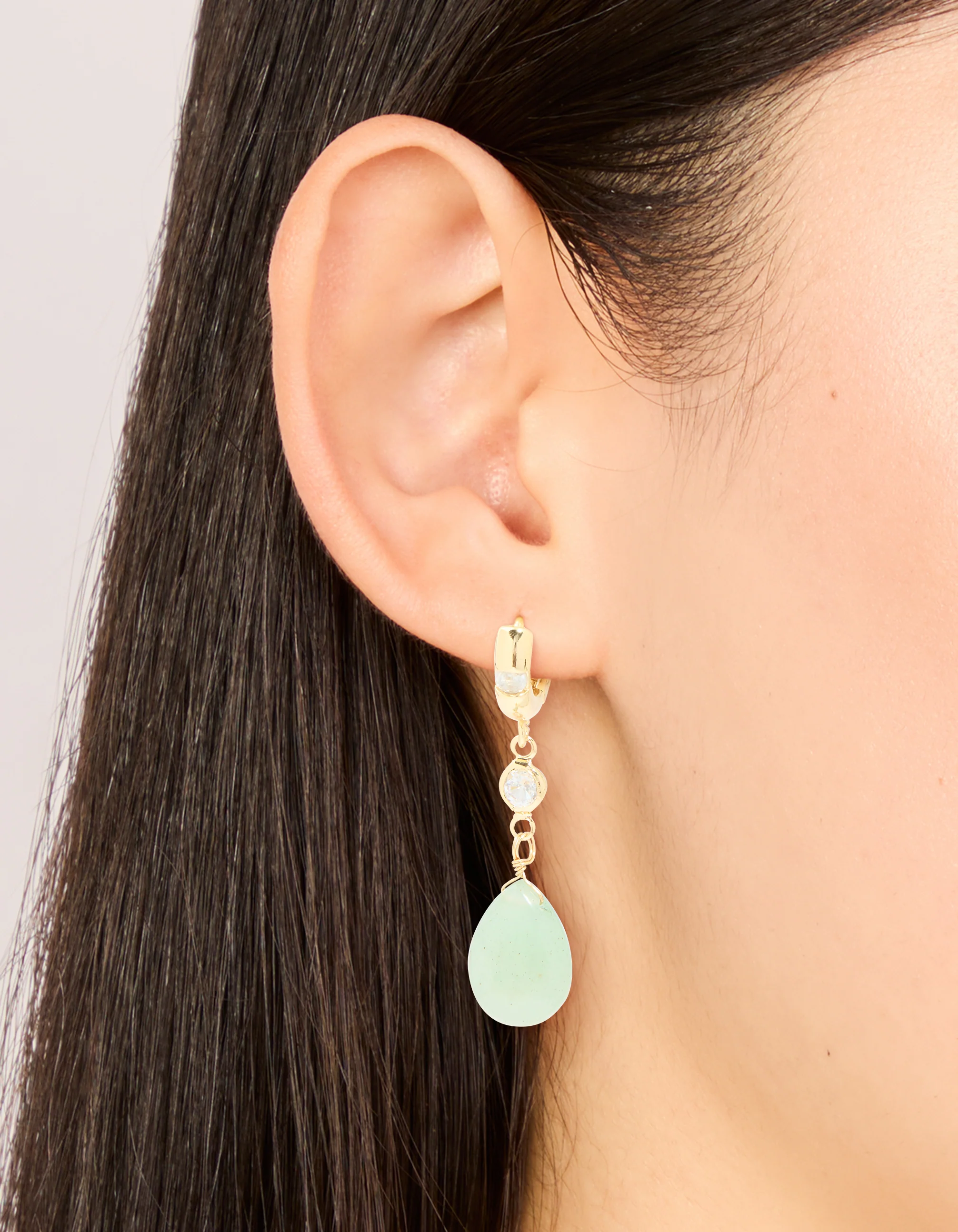 Gold Plated Green Semi Precious Stone Cubic Zirconia Teardrop Earrings
