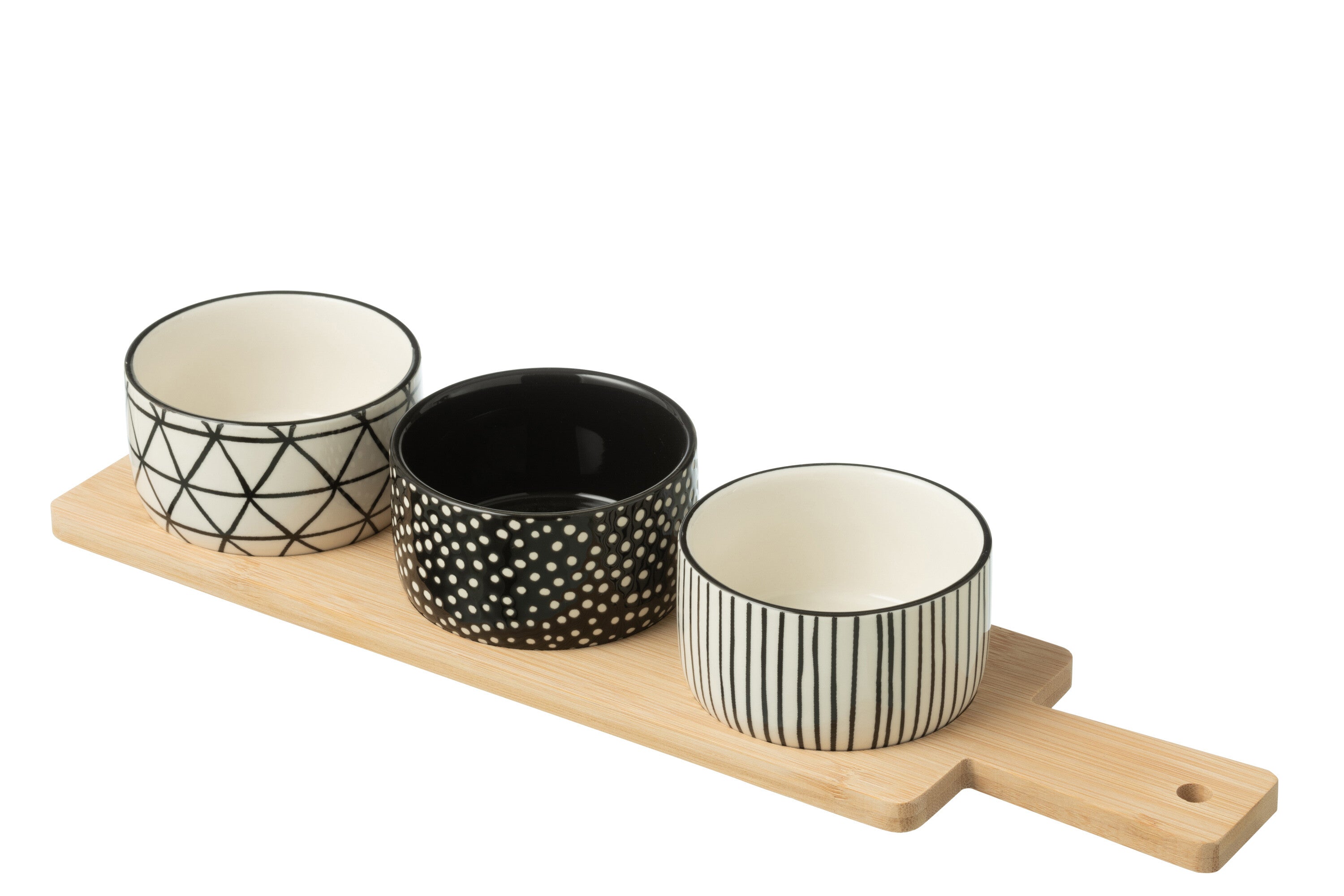 J-Line tapasplank 3 kommen   schaal - keramiek/hout - wit/zwart