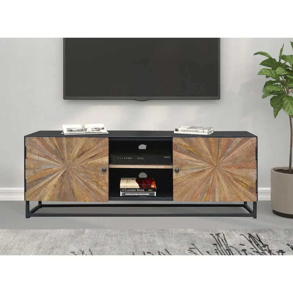 Madira - TV-meubel met 2 deuren in mangohout / zwart metaal