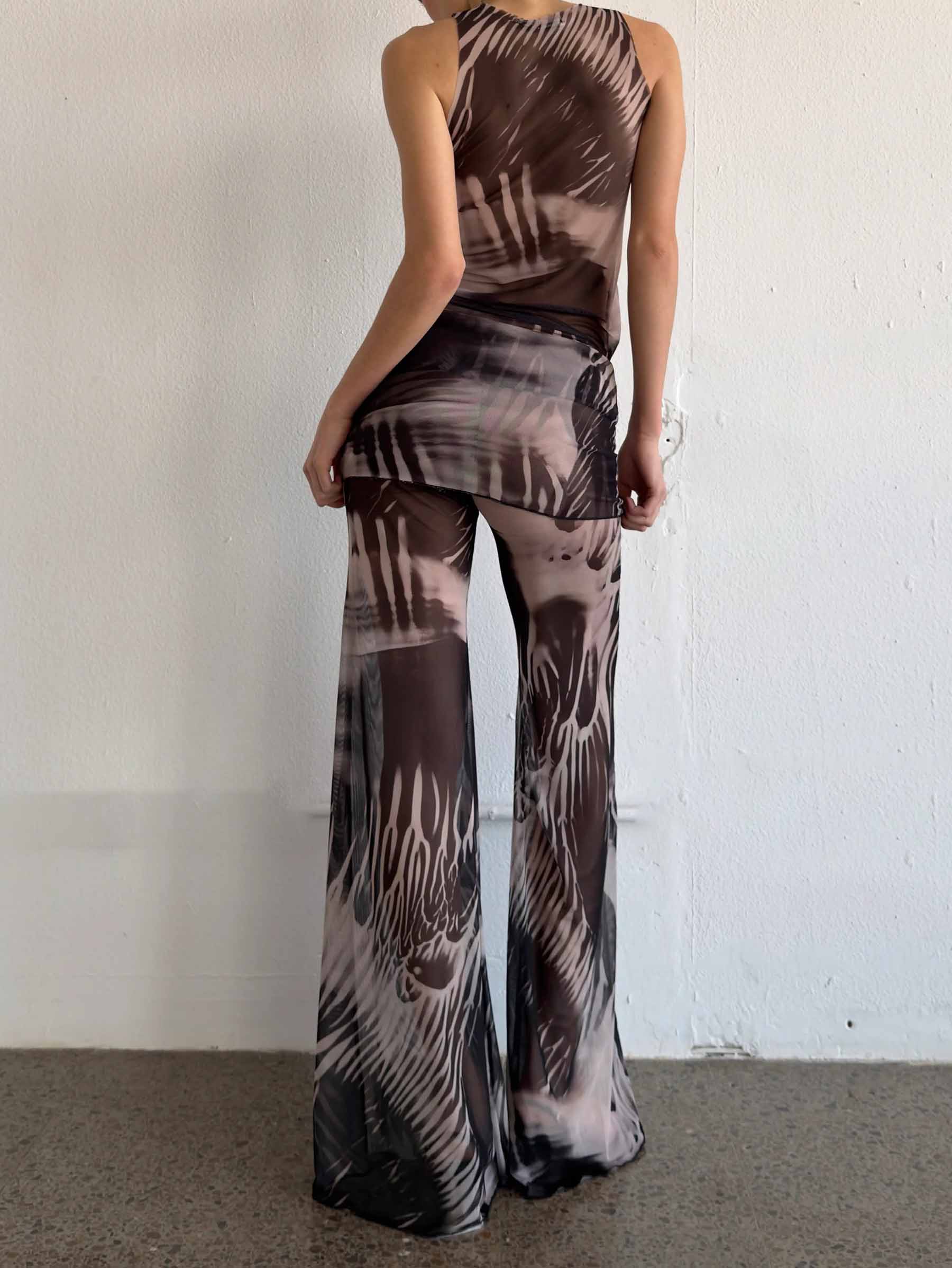 Unique Abstract Print Mesh Flared Pants