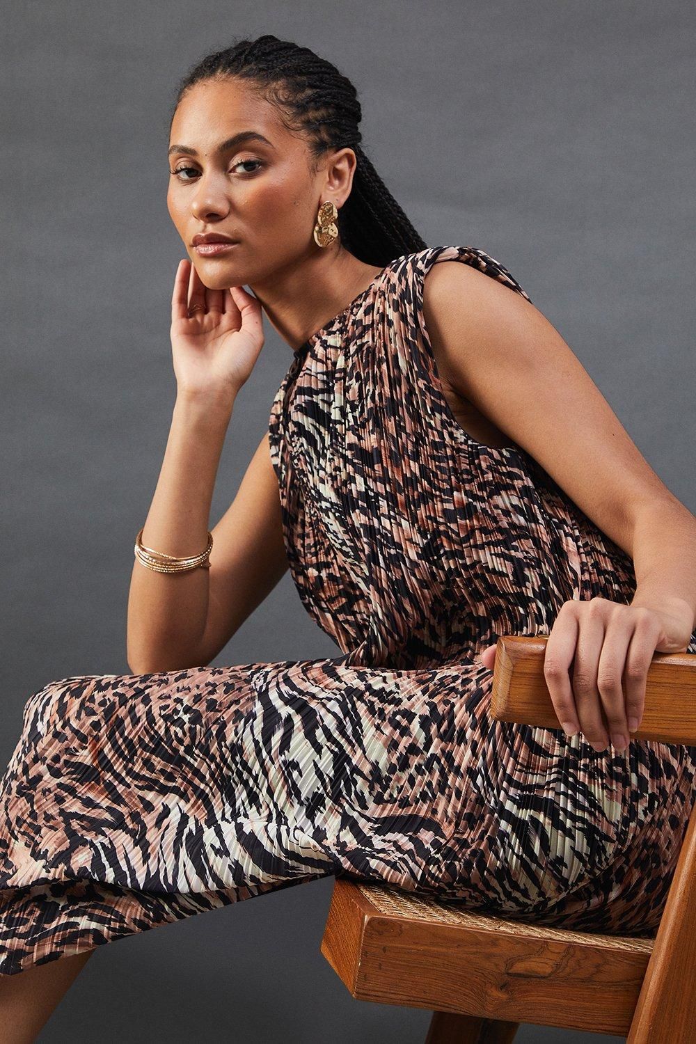 Warehouse Printed Plisse Shoulder Pad Sleeveless Midi Dress