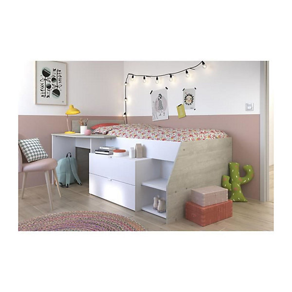 Lit avec bureau et rangements - 90 x 190/200 cm - Blanc et naturel - GISELE