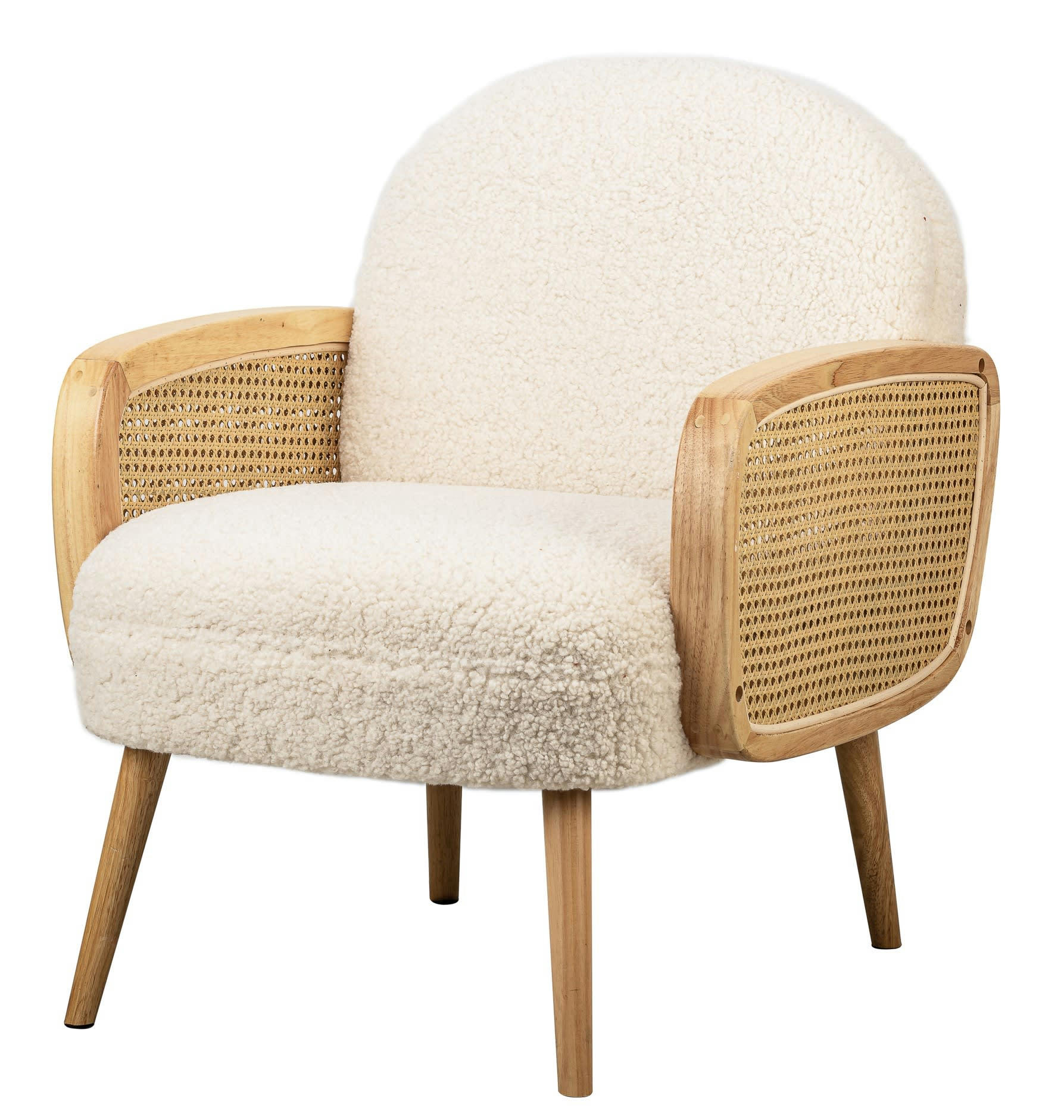 - Fauteuil de salon en cannage et bouclettes blanches