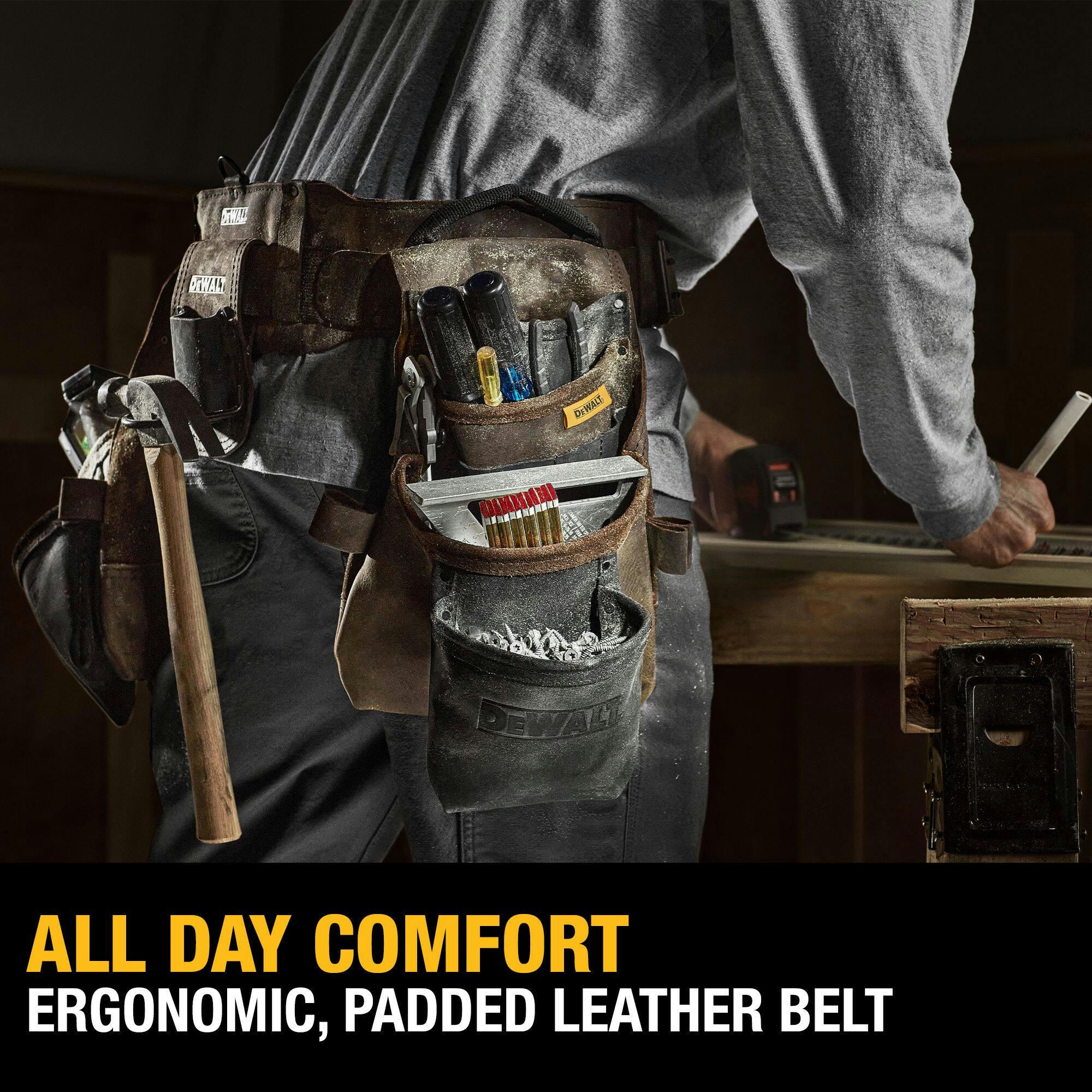 DEWALT Open Structure Premium Nubuck Leather Tool Belt, 18 Pockets, Black
