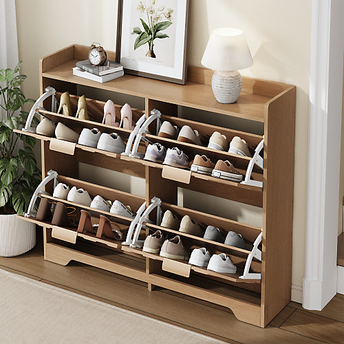 Meuble à chaussures 105x24x90 cm - avec 4 étagères rabattables - panneaux texturés 3D - étagère supérieure - MDF - Naturel