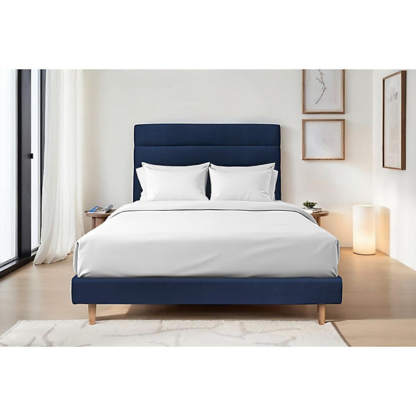 Lit avec tête de lit lignes velours et sommier tapissier- Lit en bois massif