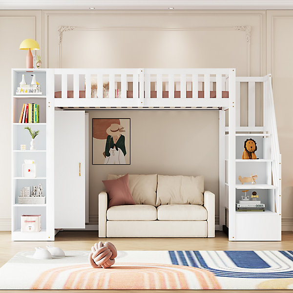 Lit Mezzanine 90x200 cm - Lit Enfant avec Armoire et Bibliothèque - échelle de Rangement Sécurisée - Sans Matelas - Blanc