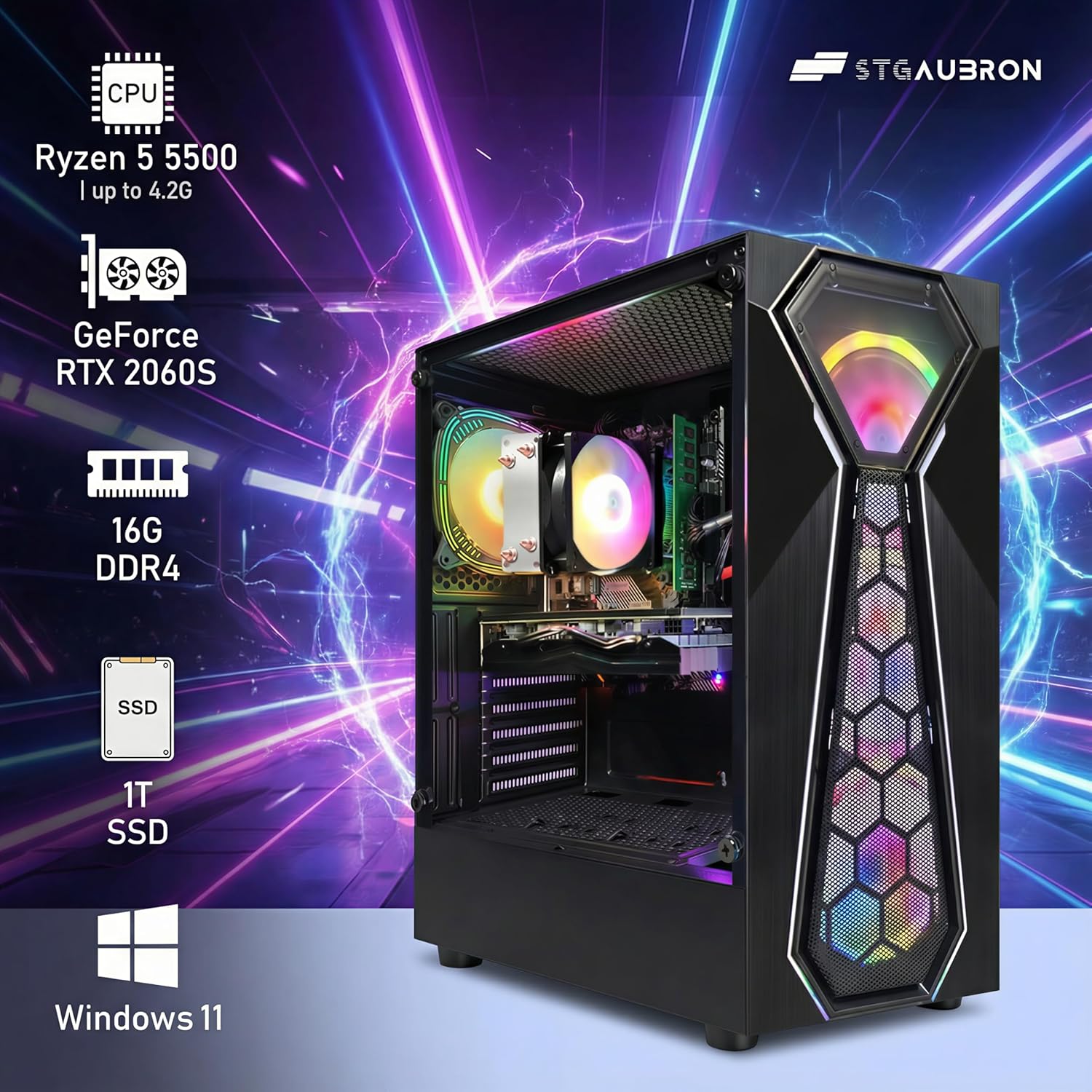 STGAubron Gaming PC Computer Desktop  AMD Ryzen 5 5500 up to 4.2G  GeForce RTX 2060 Super 8G  16G DDR4  1T SSD  WiFi 6  BT 5.2  RGB Fan x4  Windows 11 Home