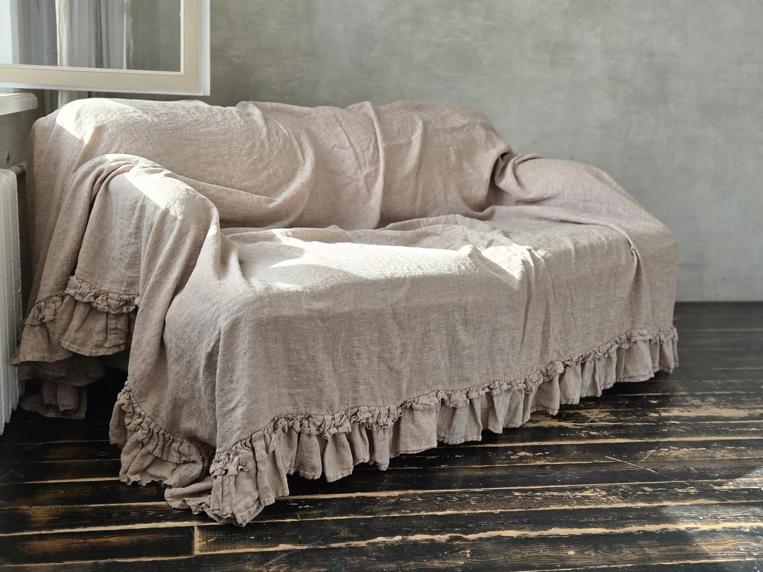 Ruffled Linen Sofa Cover: Stonewashed Shabby Chic Bedspread