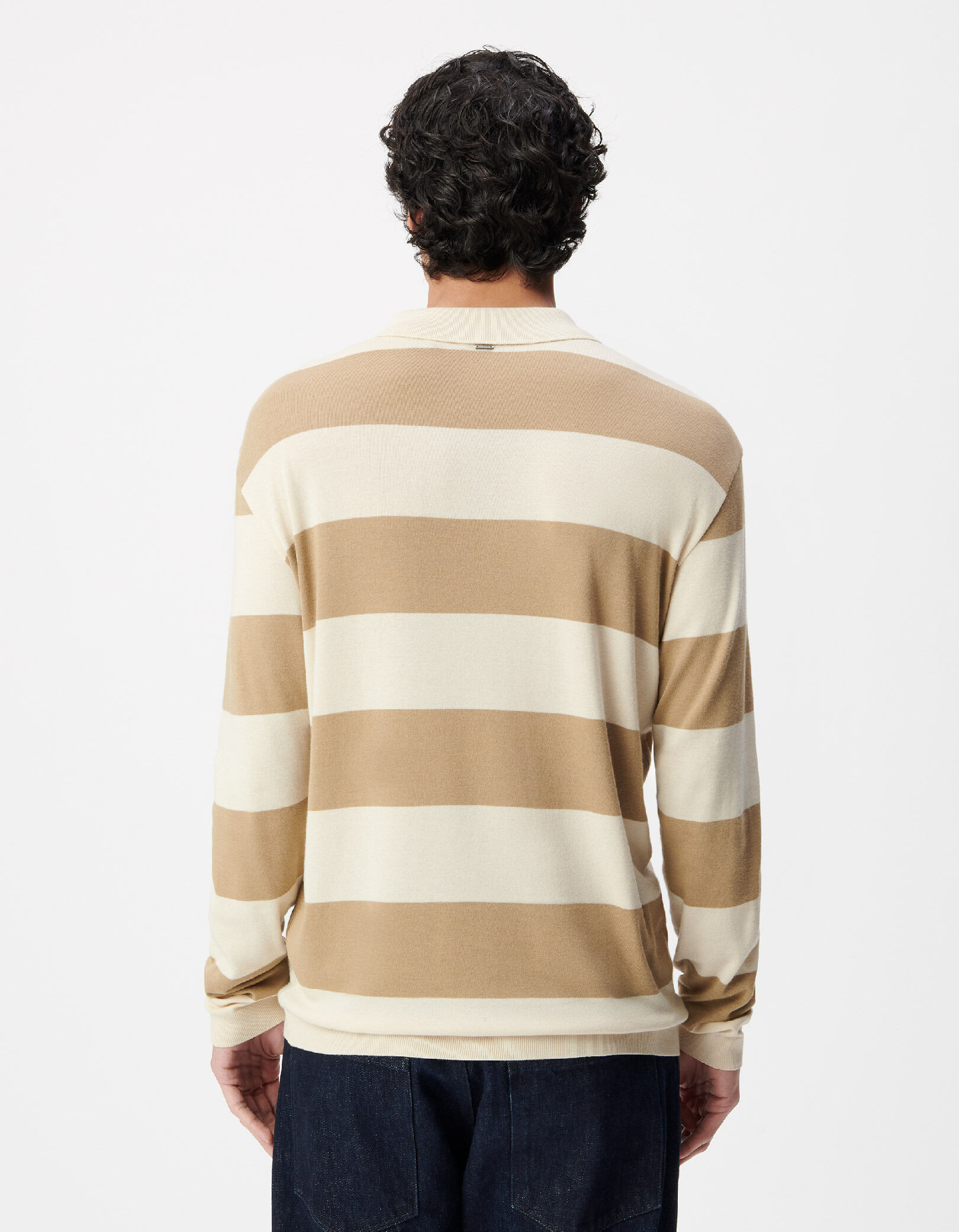 Polo manches longues beige larges rayures Homme