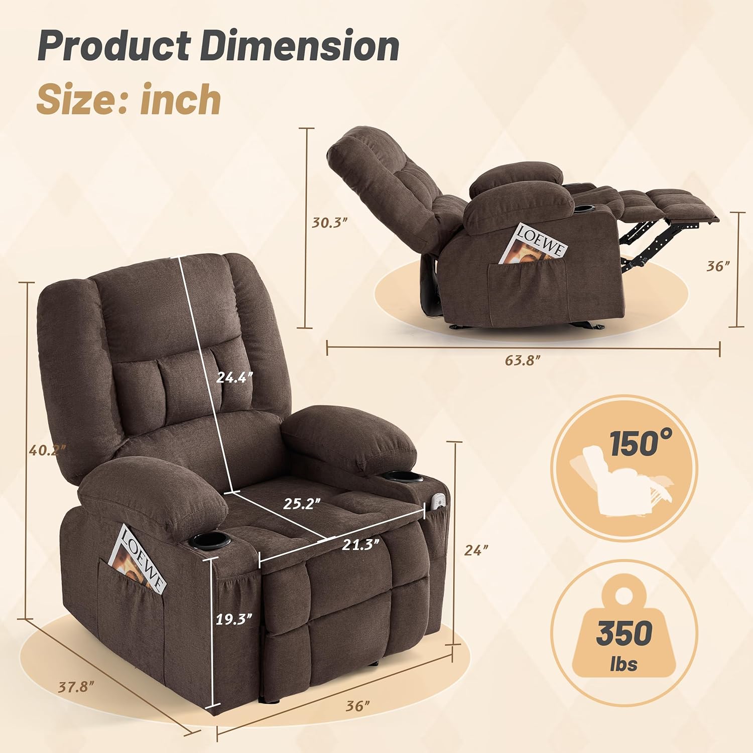 Rocker Recliner Chair with Massage and Heat, Nursery Rocking Chairs for Living Room, Ergonomic Comfy Relining Chair with Cup Holders, USB Charge Port, Side Pockets, Recliner Sofa, Brown